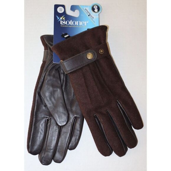 Isotoner 714M1 Men's Sz L Saddle Brown SmarTouch Flannel & Leather Gloves - Picture 1 of 5